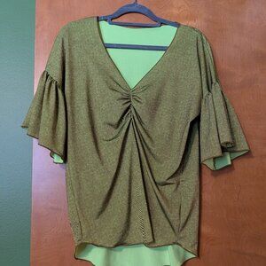 Chartreuse and brown blouse - Damsel in this Dress